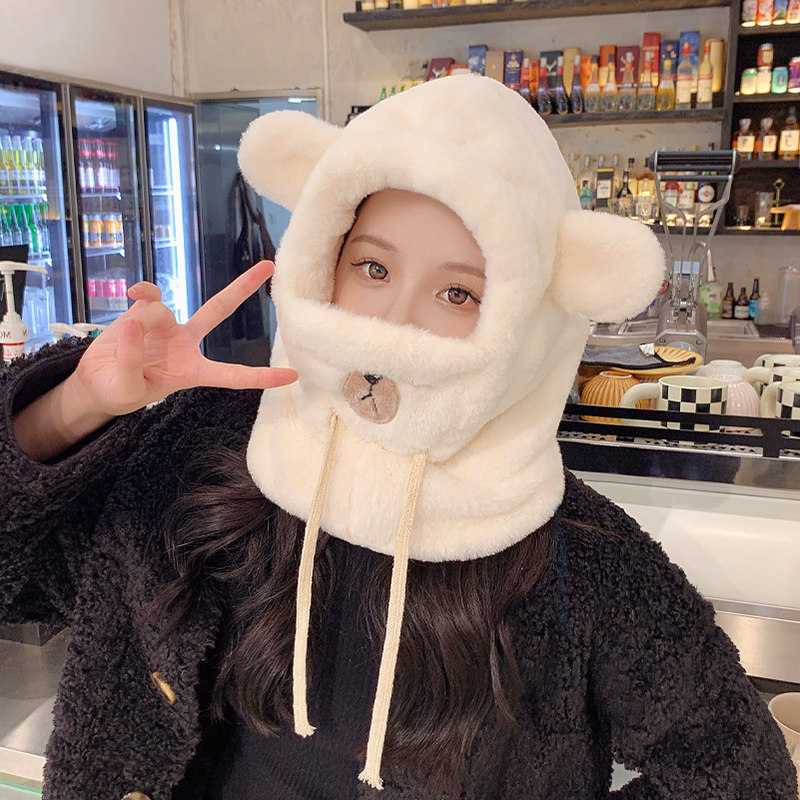 可爱小熊口罩一体帽女冬天学生骑车防风毛绒保暖围脖护耳雷锋帽子