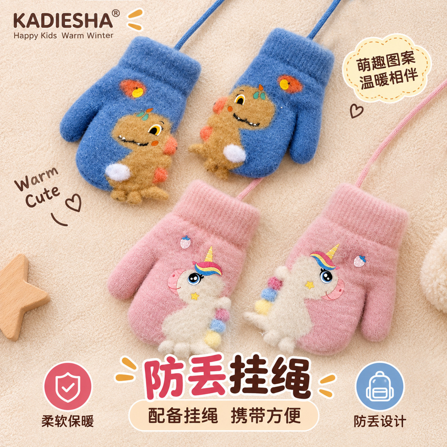儿童手套冬季可爱独角兽女童加绒保暖手套小孩男宝宝连指挂脖防寒