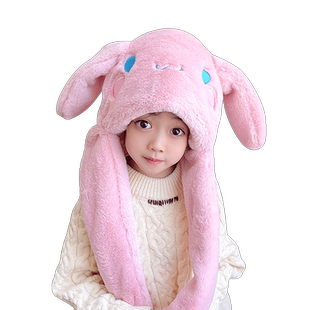 小兔子耳朵会动儿童帽子冬季女孩男童毛绒围巾连帽一体防风雷锋帽