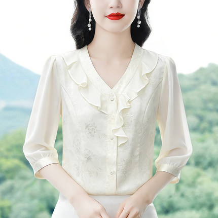 2026夏新款国风提花拼接雪纺衫女荷叶边V领温柔粉七分袖上衣衬衫