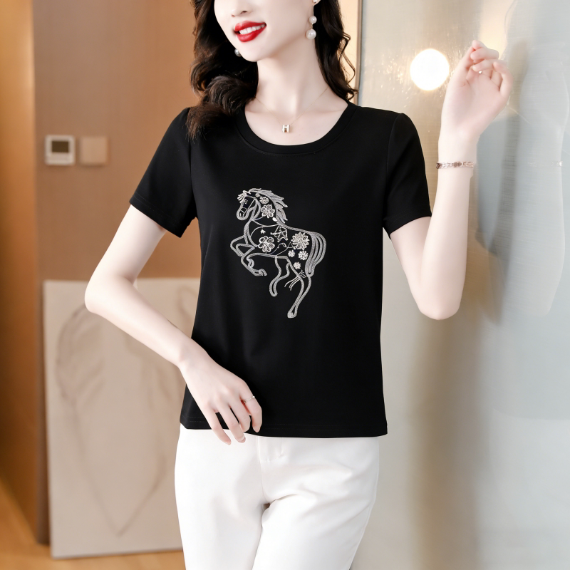 时尚妈妈装圆领短袖印花T恤夏装新款洋气减龄半袖小衫中老年上衣