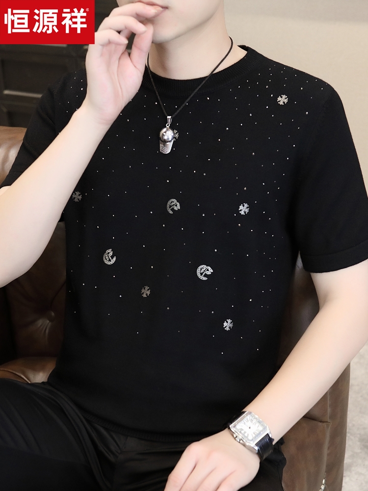 恒源祥2025新款秋冬季男士短袖毛衣圆领休闲烫钻针织打底衫修身潮