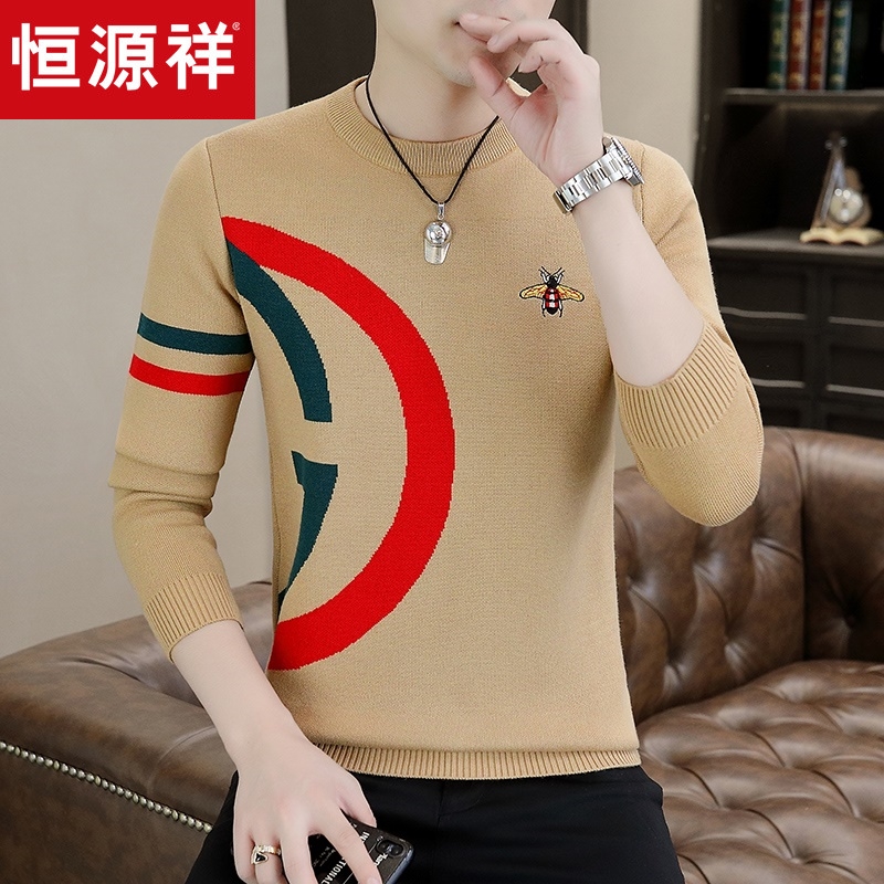 恒源祥小蜜蜂刺绣毛衣男士高端修身针织衫2025新款秋冬季保暖线衣