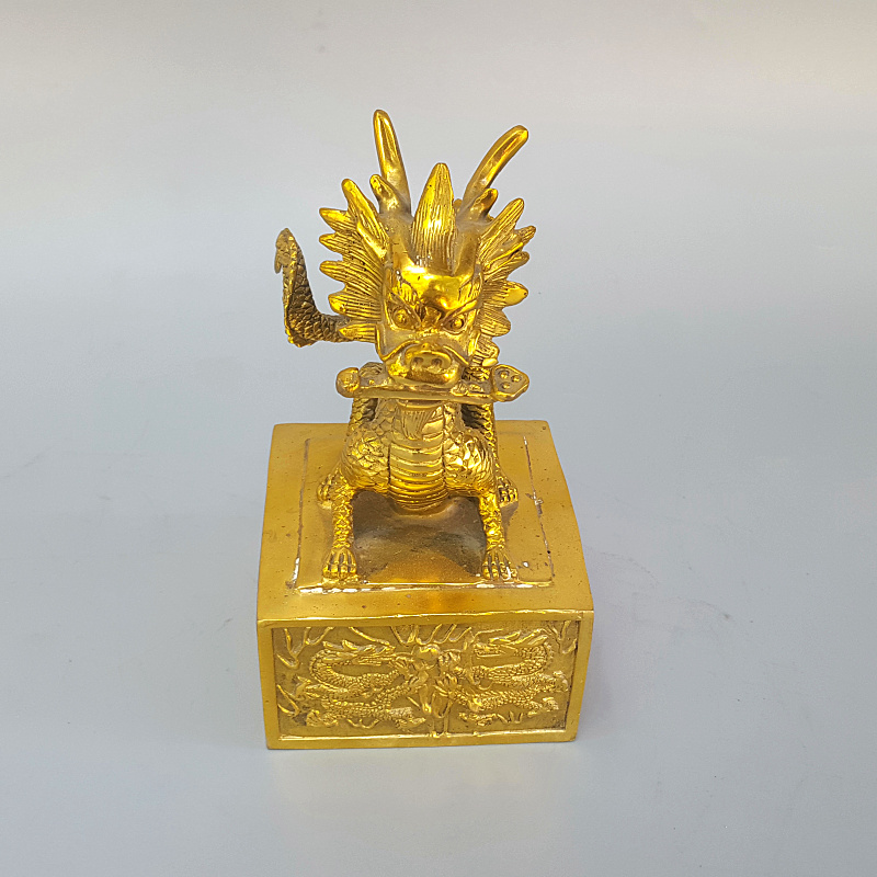 铜麒麟印黄铜神兽献瑞印章中式摆件家居办公饰品金玺玉玺高19厘米