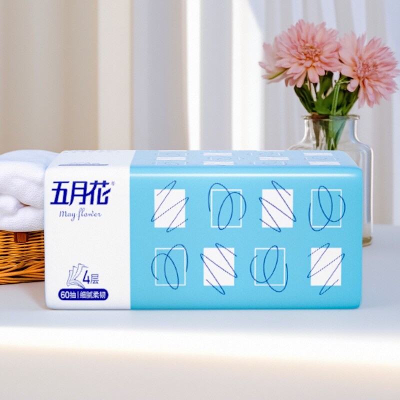 五月花抽纸4层60抽家庭实惠装抽取式面巾纸餐巾纸家用擦手亲肤柔