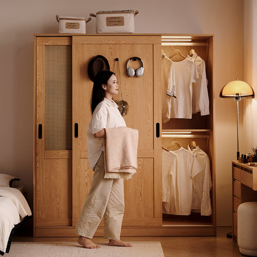 木兜家具流云衣柜推拉门式小户型衣橱家用主卧室原木风实木质衣柜