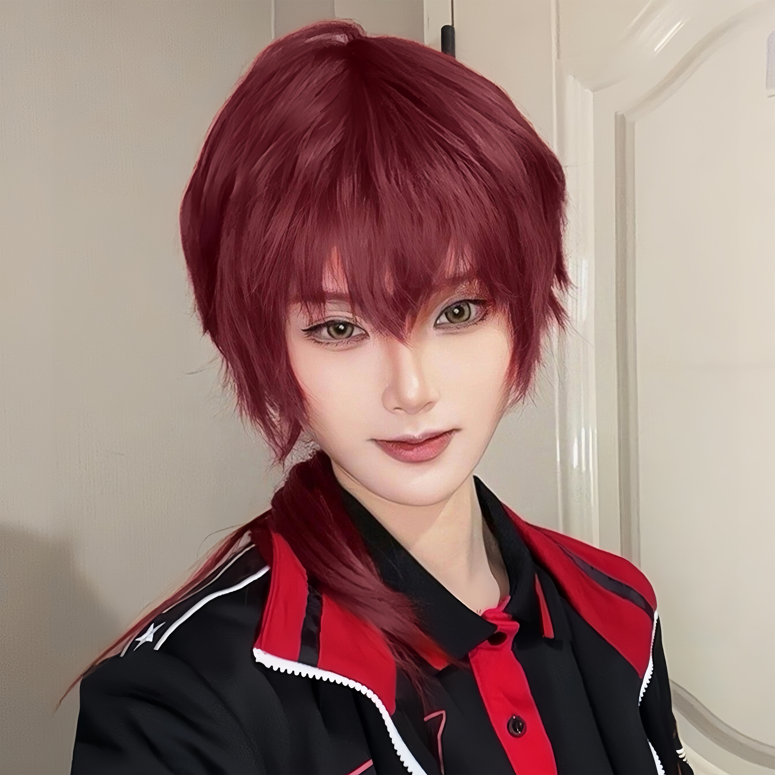 张佳乐同款假发cos酒红色中长发