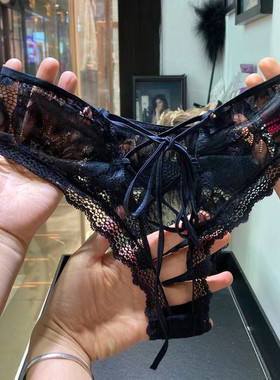 欧美风性感低腰镂空网纱三角裤女内裤黑色蜜桃臀