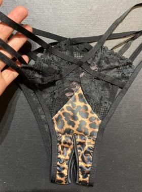 性感豹纹T裤低腰诱惑镂空黑色女款美臀丁字裤透气蕾丝开裆内裤