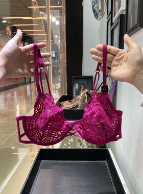 玫红色军绿镂空性感美背文胸蕾丝薄款内衣钢托胸罩女