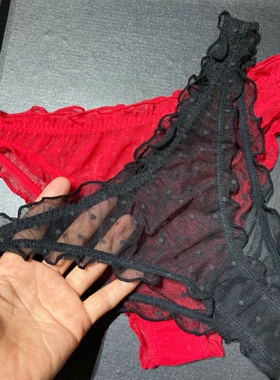 性感红色高叉黑色波点内裤低腰诱惑透明超薄女士时尚透气三角裤