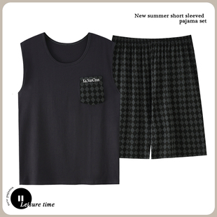 特大码睡衣男款夏季莫代尔凉感无袖背心青年加肥休闲家居服套装夏