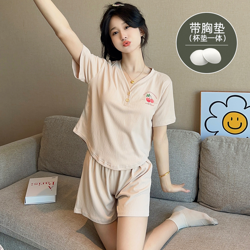 带胸垫睡衣女夏季薄款纯棉短袖短裤加肥加大码韩版宽松家居服套装