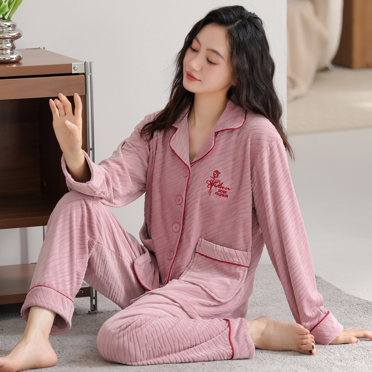 秋冬季睡衣女加肥加大码珊瑚绒海岛绒中年妈妈加厚保暖家居服套装