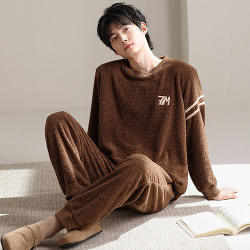 男士半边绒睡衣男秋冬季加厚长袖长裤珊瑚绒保暖青少年男款家居服