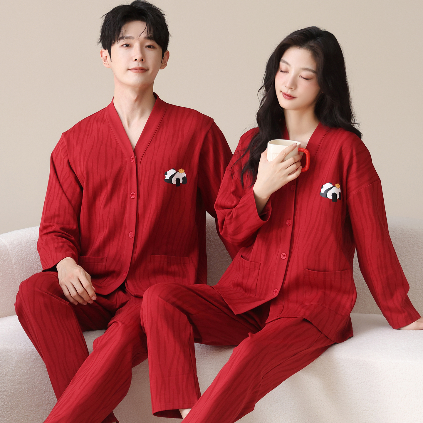 100%纯棉睡衣女款春秋季结婚新婚红色超大码男士情侣家居服礼盒装