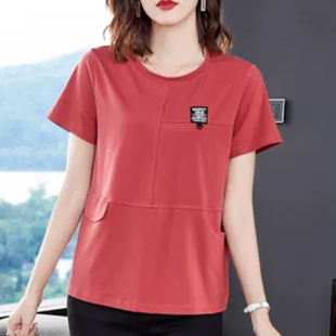 洋气遮肚子夏装 中年妈妈圆领纯棉短袖 休闲时尚 新款 上衣 T恤女夏季