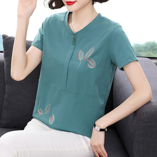 妈妈短袖 短袖 刺绣上衣女夏季 中年女装 T恤 纯棉宽松半袖 2025新款
