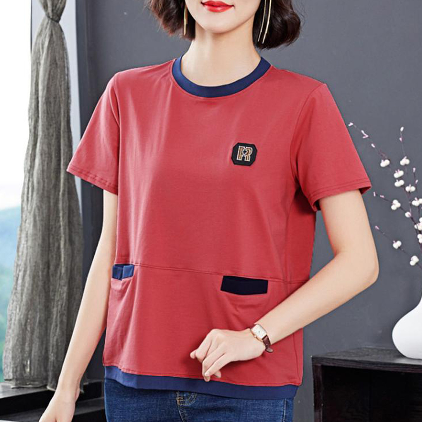 短袖简约常规口袋纯棉女士