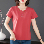 新款 短袖 纯棉t恤女中年妈妈时尚 v领2025夏季 简约女士薄款 遮肉上衣