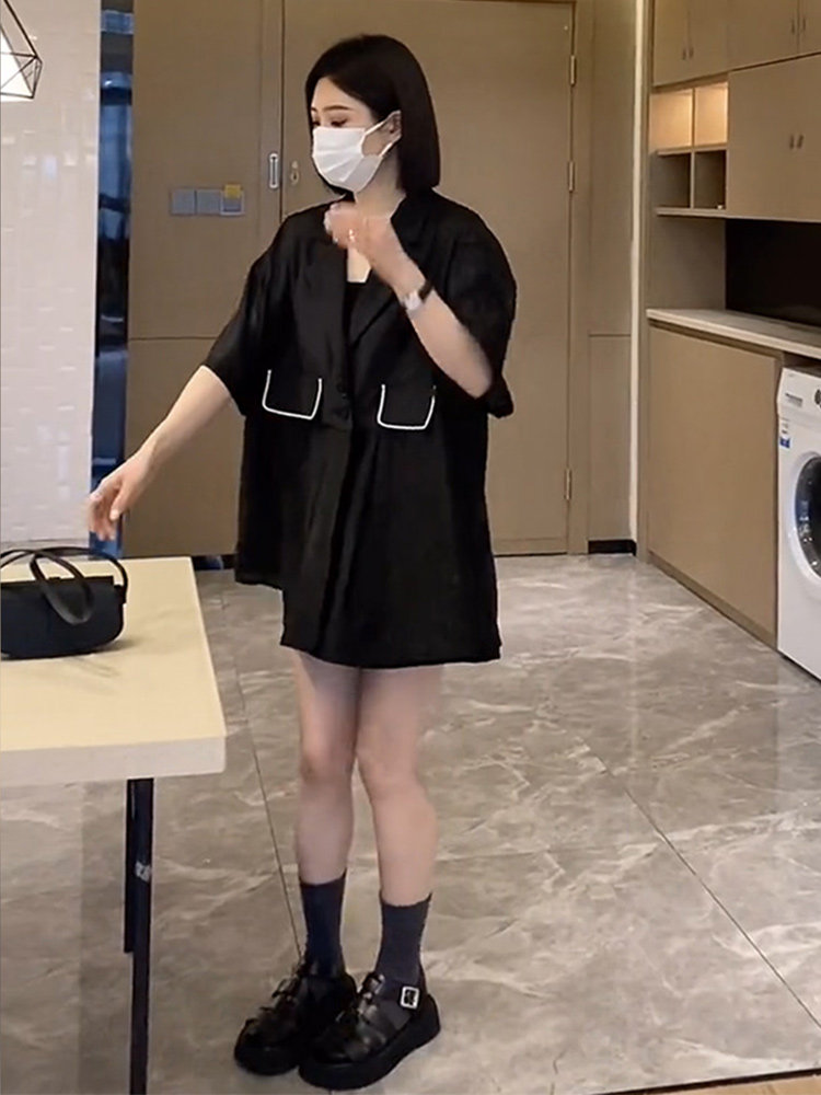 출산 정장 여름 얇은 반팔 셔츠 탑 여성의 느슨한 배꼽 덮는 양복 태양 보호 하이 엔드 투피스 세트 여름