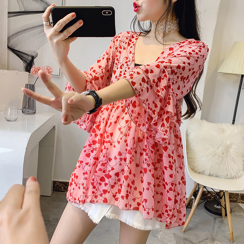 산모 여름 정장 패셔너블한 한국식 반팔 패션 베이비돌 셔츠 쉬폰 꽃무늬 탑 여름 투피스 세트