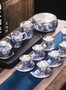 珐琅彩鎏银茶具陶瓷套装纯银整套功夫茶杯泡茶家用茶壶盖碗伴手礼