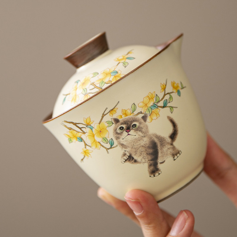 旅行手抓陶瓷茶壶桂花猫汝窑高档不烫手防烫一壶二杯便携式泡茶杯