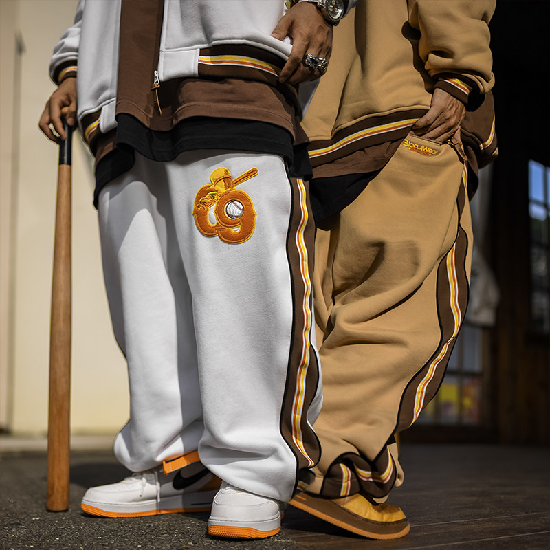 BLACUL 织带拼色卫裤男休闲运动长裤加绒hiphop嘻哈街舞套装秋冬