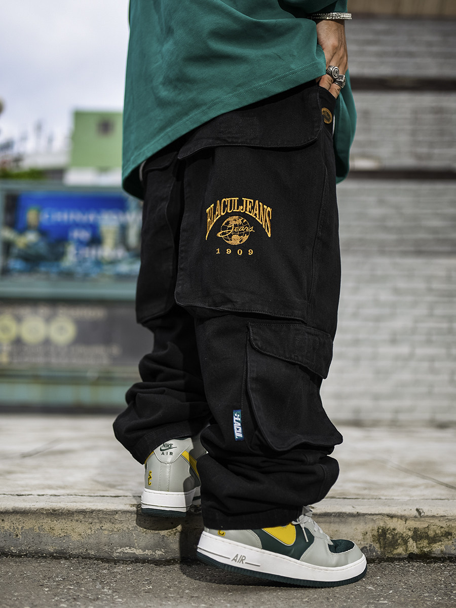 BLACUL 九十年代风格素黑立体口袋牛仔裤男宽松肥大嘻哈休闲长裤,男装,牛仔裤,淘宝优惠券,粉丝福利购,淘宝优惠卷