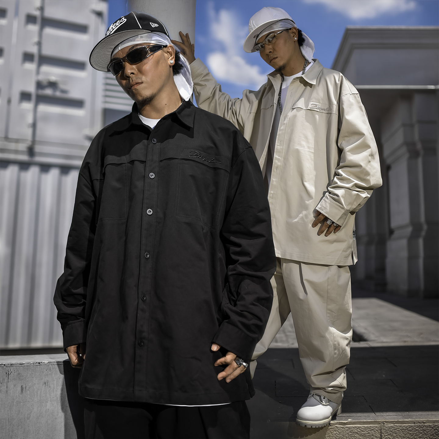 BLACUL重磅刺绣纯色衬衫男衬衣长袖嘻哈肥大宽松美式街头工装外套