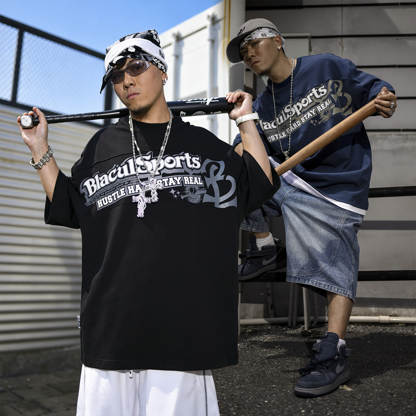 BLACUL拼接棒球印花短袖T恤男宽松肥大半袖美式街头嘻哈纯棉TEE夏