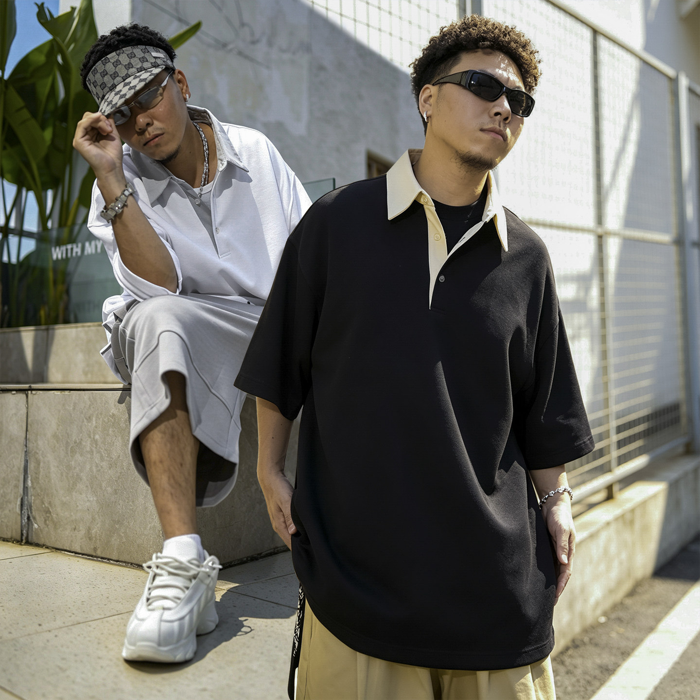 BLACUL拼色衬衫领POLO短袖男宽松嘻哈街头休闲老钱风基础百搭半袖