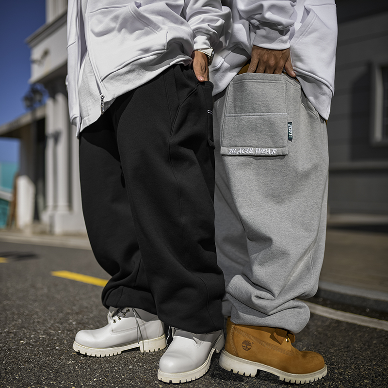 BLACUL纯色加绒卫裤男女hiphop嘻哈街舞肥大宽松休闲运动束脚长裤