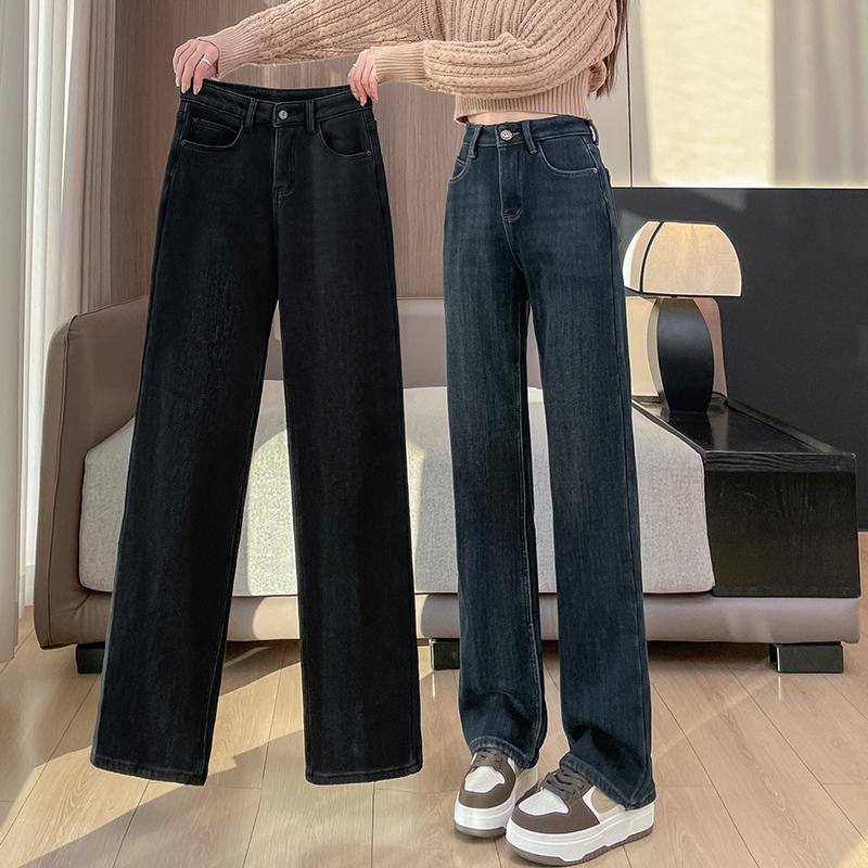 加长窄版阔腿牛仔裤女加绒直筒裤