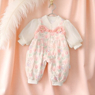 新款春秋款外出服开裆纱袖假两件女宝宝连体衣按扣款长袖花朵
