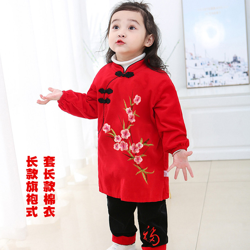 春秋冬款旗袍灯芯绒加长款及膝女童长袖吃饭衣唐装儿童罩衣反穿衣