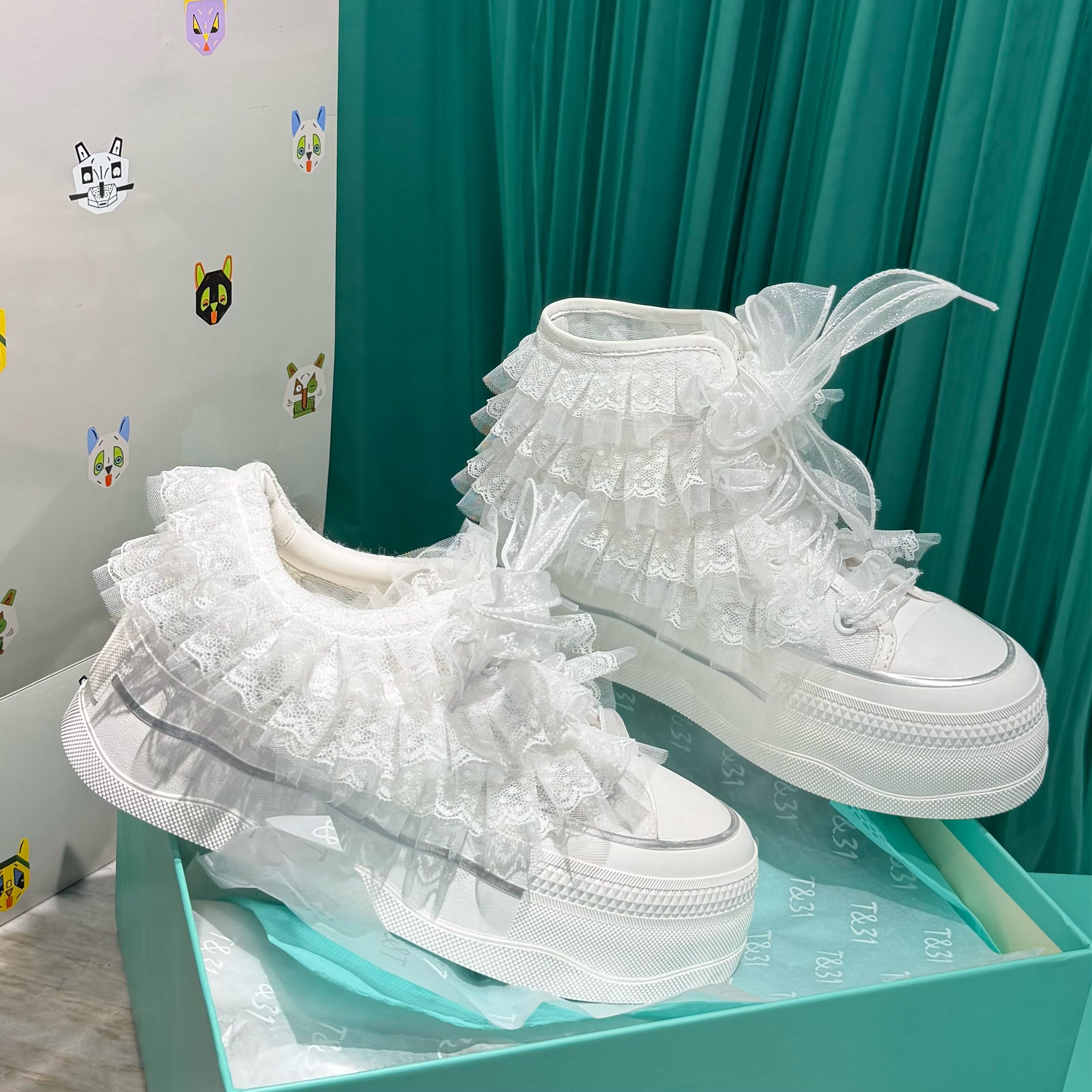 T31女鞋2026春夏新款蕾丝花边厚底小白鞋透明蝴蝶结增高休闲板鞋