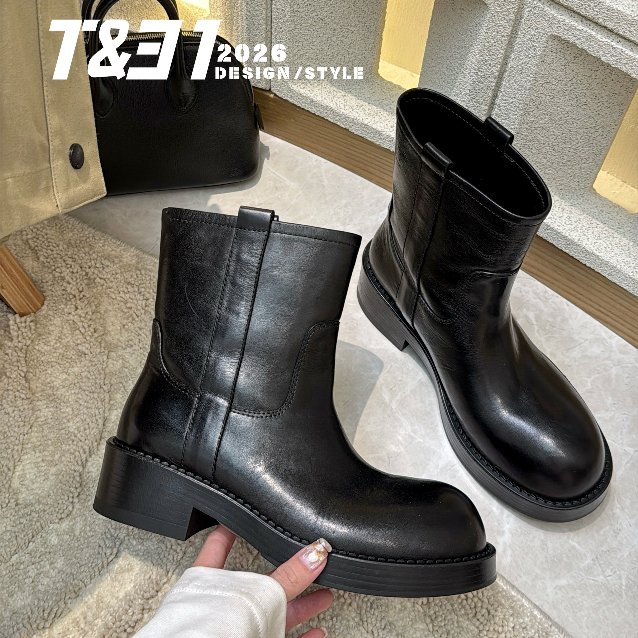 T31女鞋2026秋冬英伦风真皮中筒靴女方跟圆头显瘦百搭复古靴子女