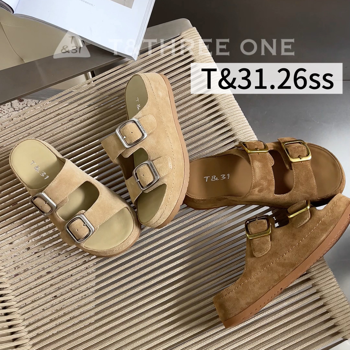T31女鞋2026夏季新款勃肯双扣带厚底一字拖女防滑露趾软底凉拖鞋
