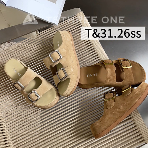 T31女鞋2026夏季新款勃肯双扣带厚底一字拖女防滑露趾软底凉拖鞋