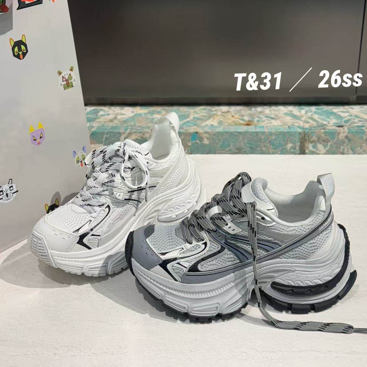T31女鞋2026春双网透气翘臀老爹鞋系带增高厚底7公分榴莲底老爹鞋