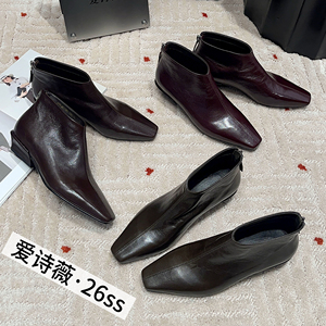 爱诗薇女鞋2026秋季新款复古方头粗跟短靴女时髦舒适裂纹切尔西靴