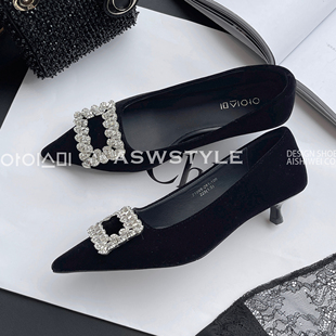 爱诗薇女鞋2026春夏新款水钻方扣浅口单鞋女细跟高跟鞋气质职业鞋