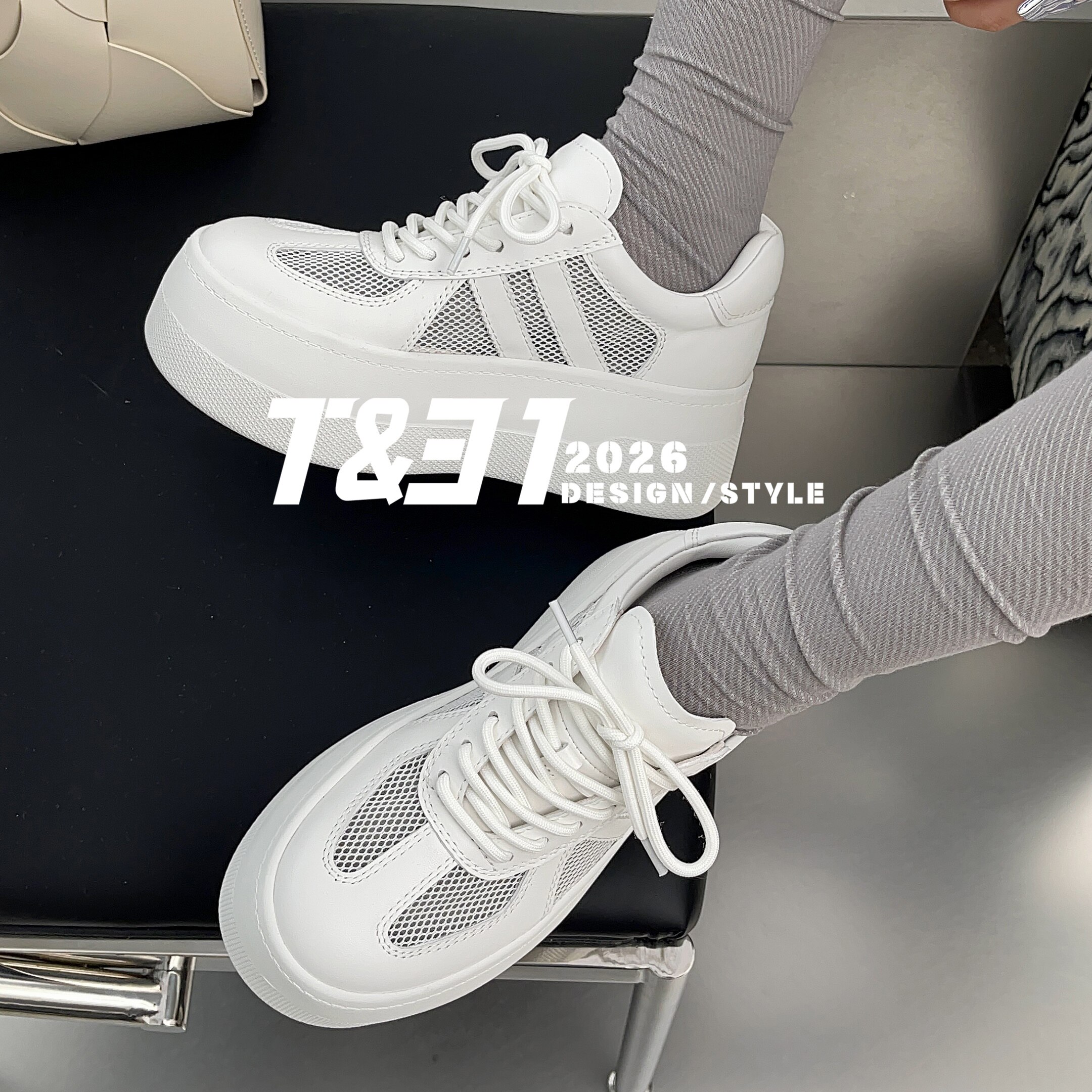 T31女鞋2026夏季新款厚底6cm透网德训鞋女增高小白鞋休闲百搭板鞋