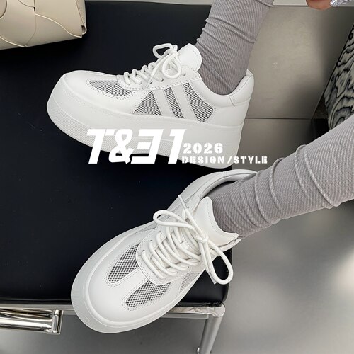 T31女鞋2026夏季新款厚底6cm透网德训鞋女增高小白鞋休闲百搭板鞋