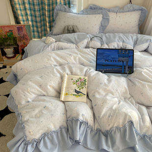 韩系ins花边水洗棉奶油蓝床单四件套少女心小碎花被套一米五3件套