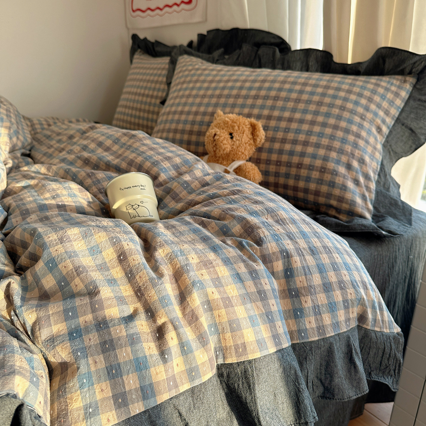 复古格子花边纯棉色织提花床单四件套全棉被罩单人床上用品三件套,床上用品,床品套件/四件套/多件套,淘宝优惠券,粉丝福利购,淘宝优惠卷