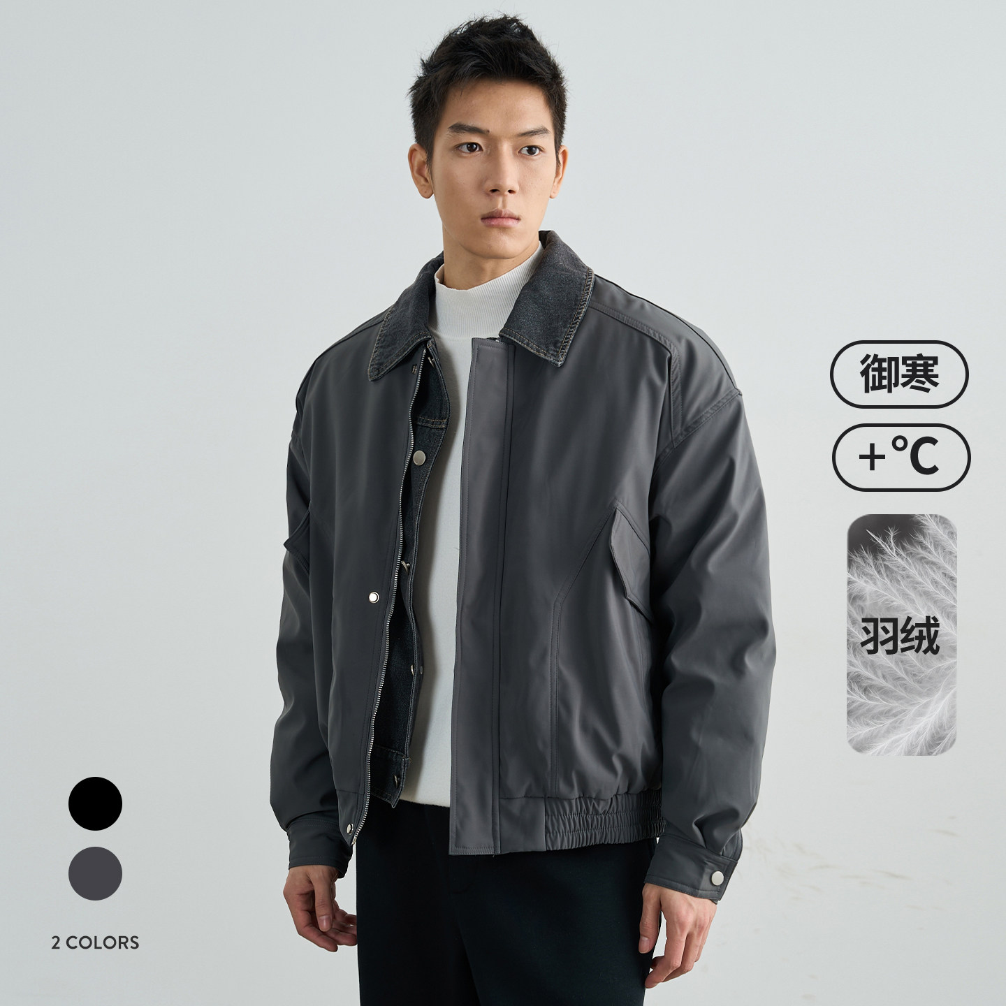 冬季90绒假两件牛仔宽松羽绒服男