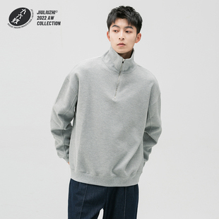 卫衣男士 纯色翻领POLO衫 半拉链套头宽松上衣潮 新款 九六致原创春季